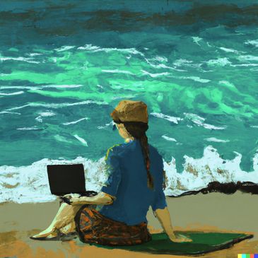 DALL·E 2023-08-17 09.15.11 - draw me a woman sitting on a beach with a laptop with blue green water