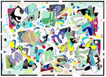 Puzzle Party! Colorful abstract shapes and patterns scattered on a white background.
