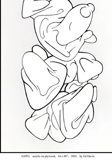 Black and white abstract painting featuring distorted dog faces by Ed Davin.