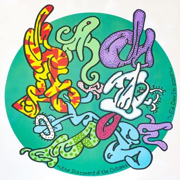 Colorful abstract octopus illustration with bold outlines and patterns.