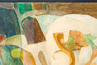 Abstract painting with swirling shapes and earthy tones.