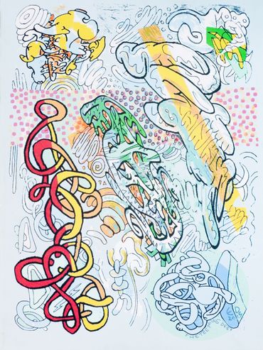 Colorful abstract doodles with intertwined shapes and patterns on a white background.