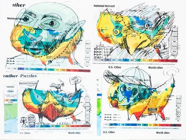 Weather maps transformed into whimsical animal and human faces through colorful sketches.