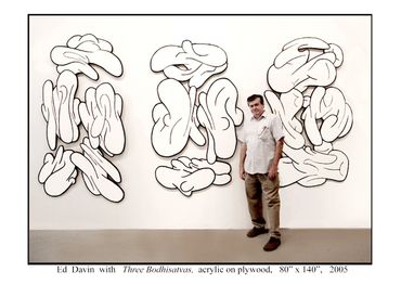 Artist Ed Davin stands next to his abstract artwork Three Bodhisatvas.