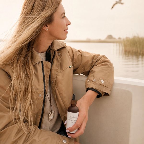 Woman enjoying a serene boat ride by the water, holding a coconut body oil bottle.