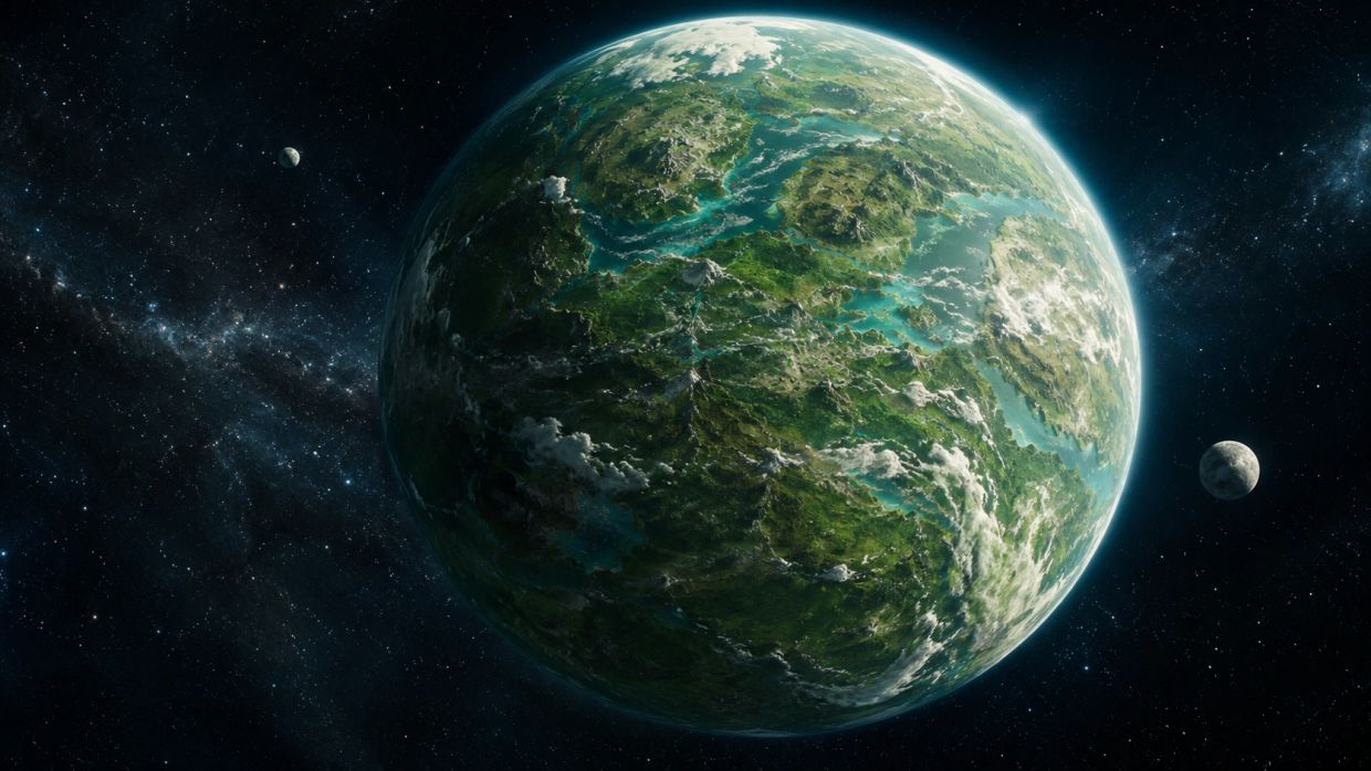 Lush green planet with two moons in space.