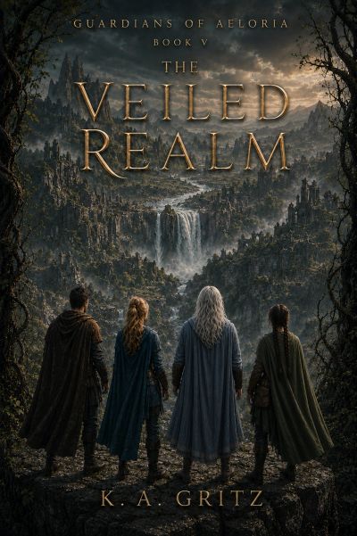 The Guardians of the Elements overlooking a misty, mountainous realm with a waterfall.