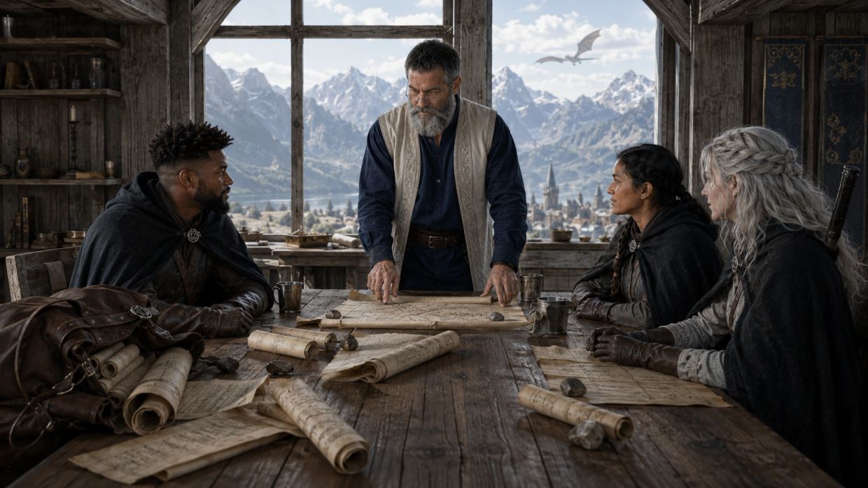 Four people plan around a table with maps, a dragon flies outside.