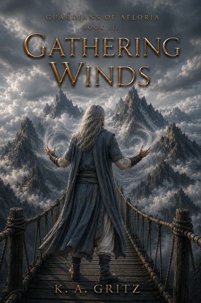 Fantasy book cover of a mage summoning winds on a mountain bridge.