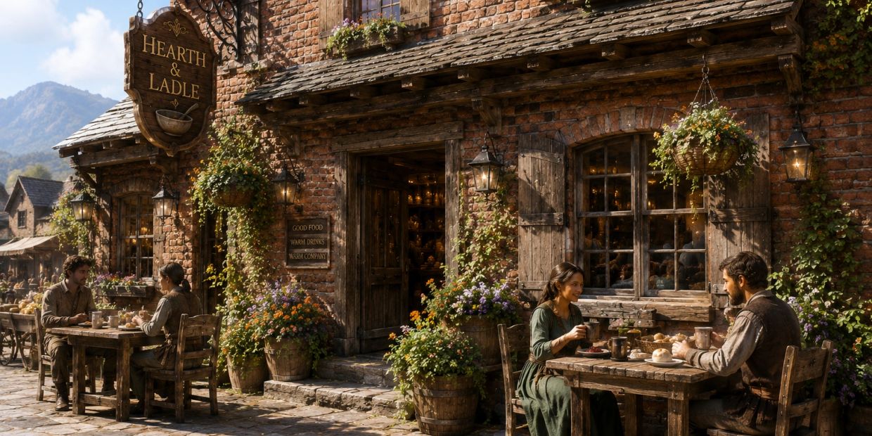 Couples enjoy cozy meals outside a rustic tavern named Hearth & Ladle.