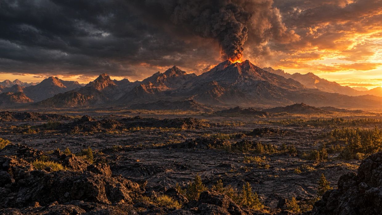 Active volcano rising over the Scorched Wastes of Aeloria at sunset.