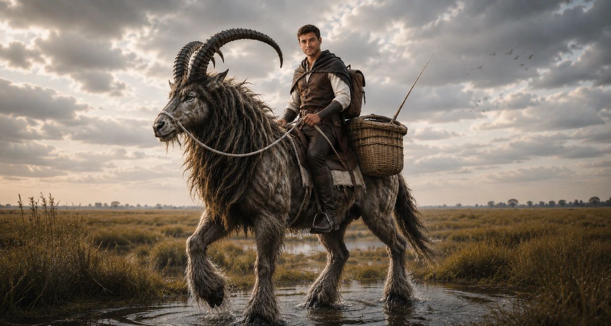 Kaelen Dawnfire rides a kethra through a marshy landscape.