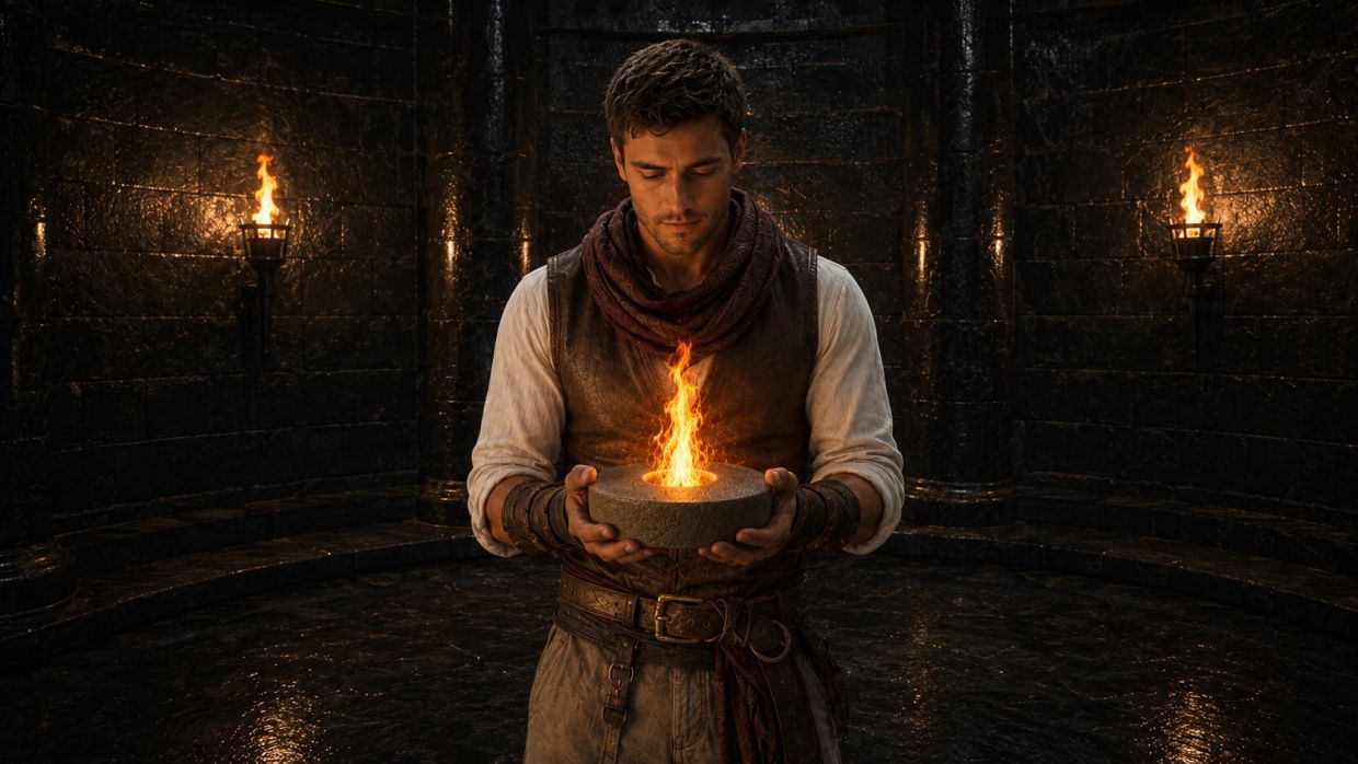 Man holding a magical fire orb in a dark chamber.