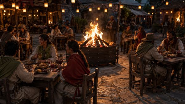 People dining outdoors around a large fire pit at night.