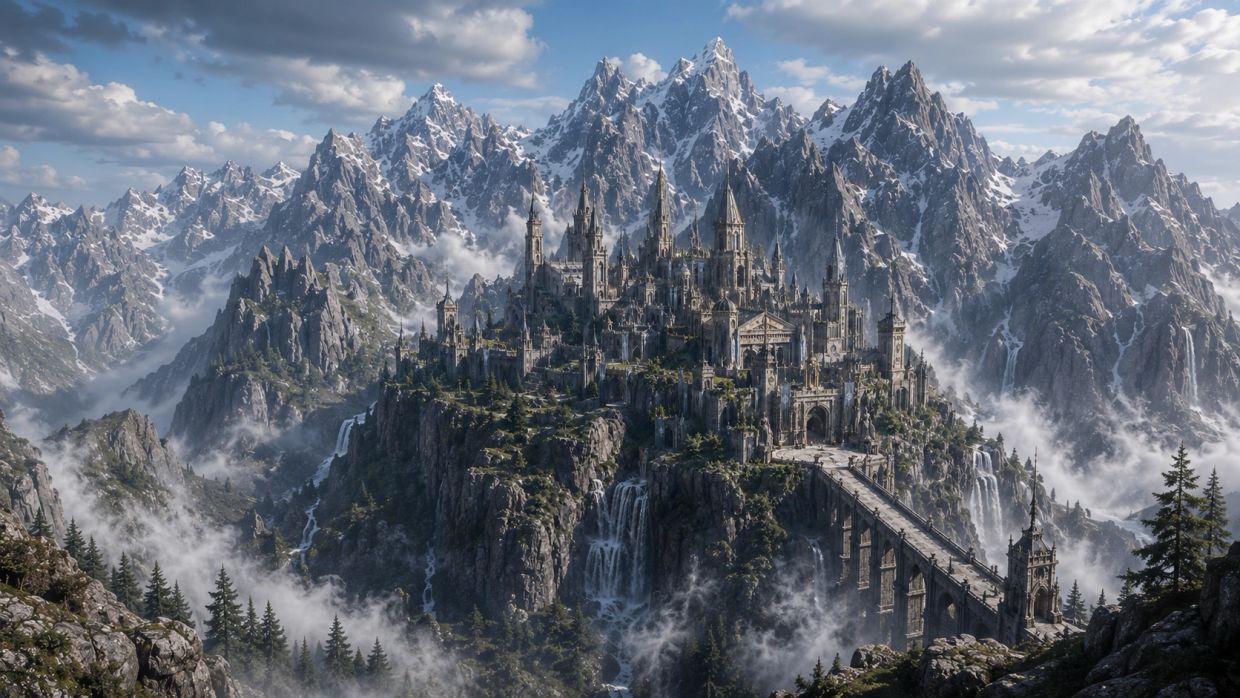 A majestic castle on a mountain with waterfalls and snowy peaks.