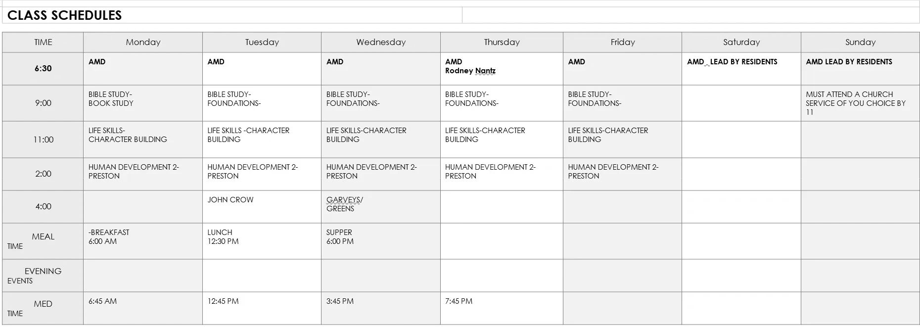 House of Mercy Class Schedule