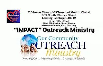 Flyer for Robinson Memorial Church's Impact Outreach Ministry in Lansing, Michigan.