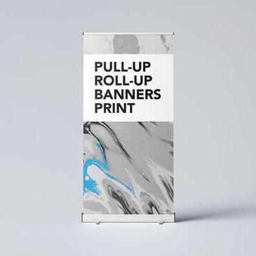 Minimalist pull-up banner with marble design and bold text.