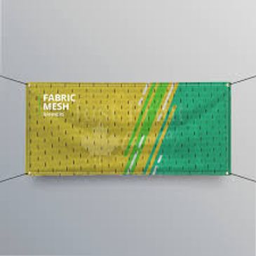 Fabric mesh banner with yellow and green design and text.