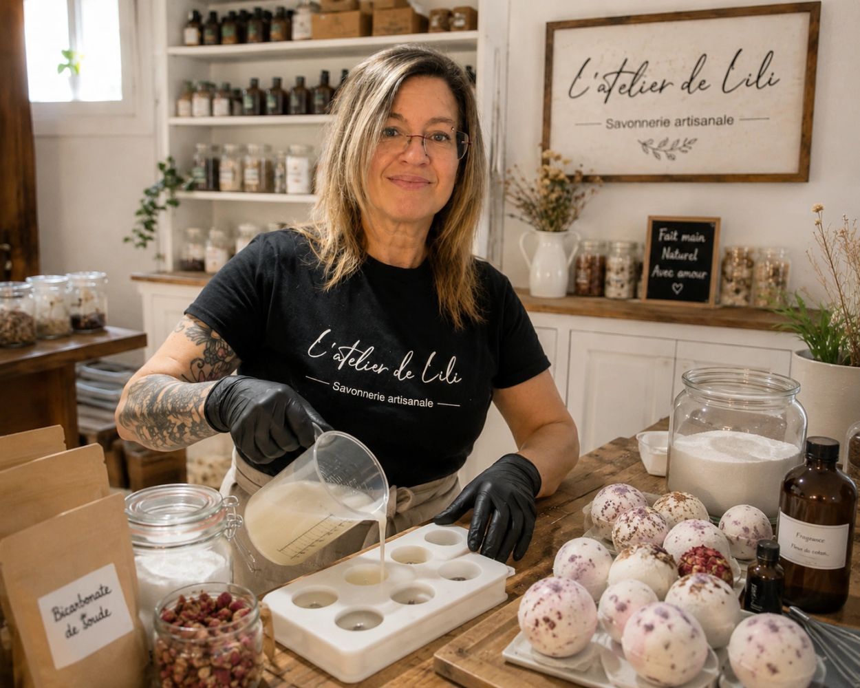 Lyne Mainville dans L'atelier de Lili en train de fabriquer des produits artisanales à Farnham.