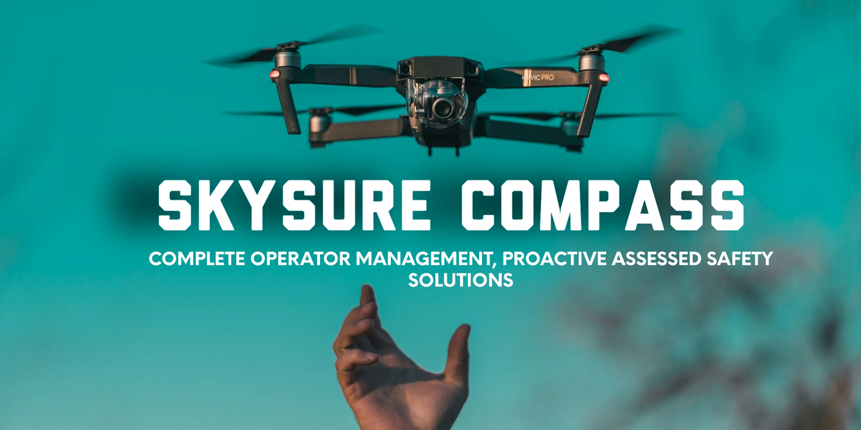 Drone flying above a hand with 'Skysure Compass' safety management text.