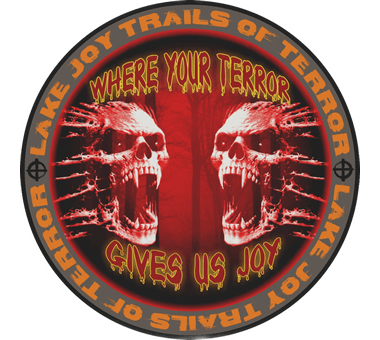 Two screaming skulls with text about terror and joy on a dark background.