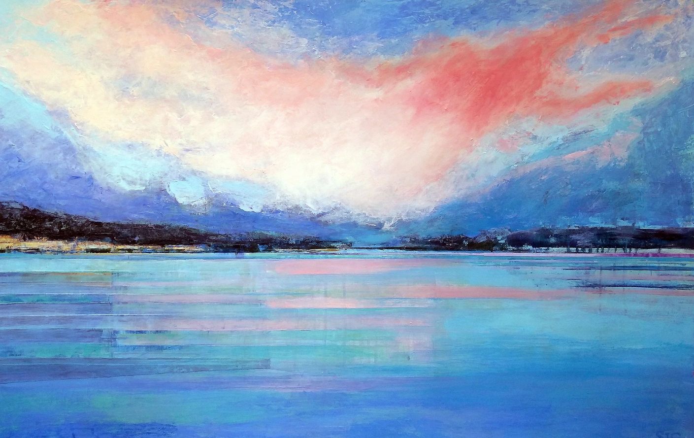 Lake Maggiore, Italy spreads out under a pink cloud sundown. Private Collection.