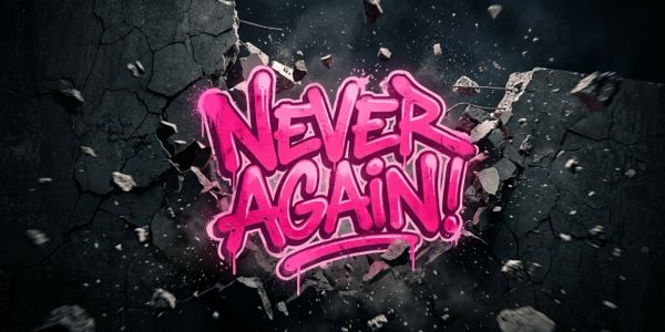 Graffiti saying 'NEVER AGAIN!' on cracked wall.