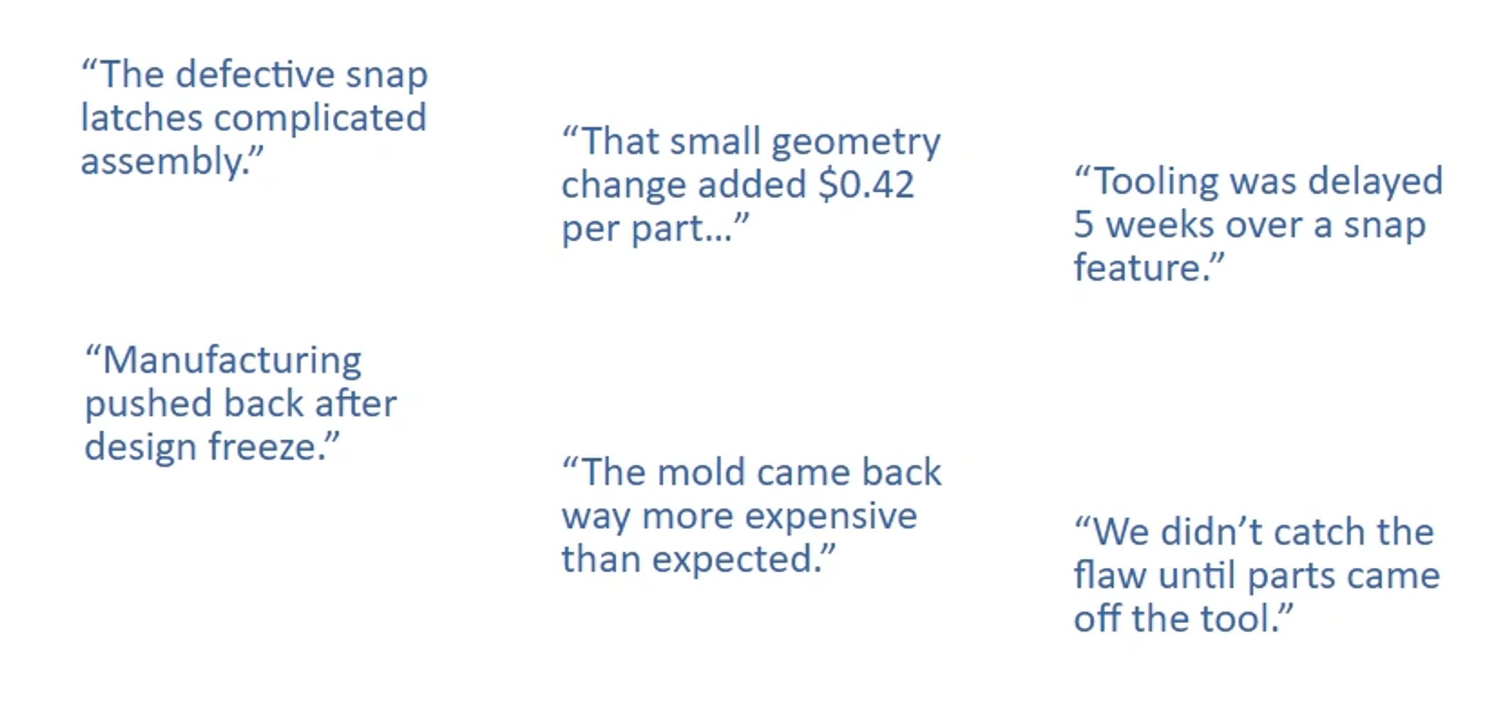 Quotes highlighting challenges in manufacturing and design processes.