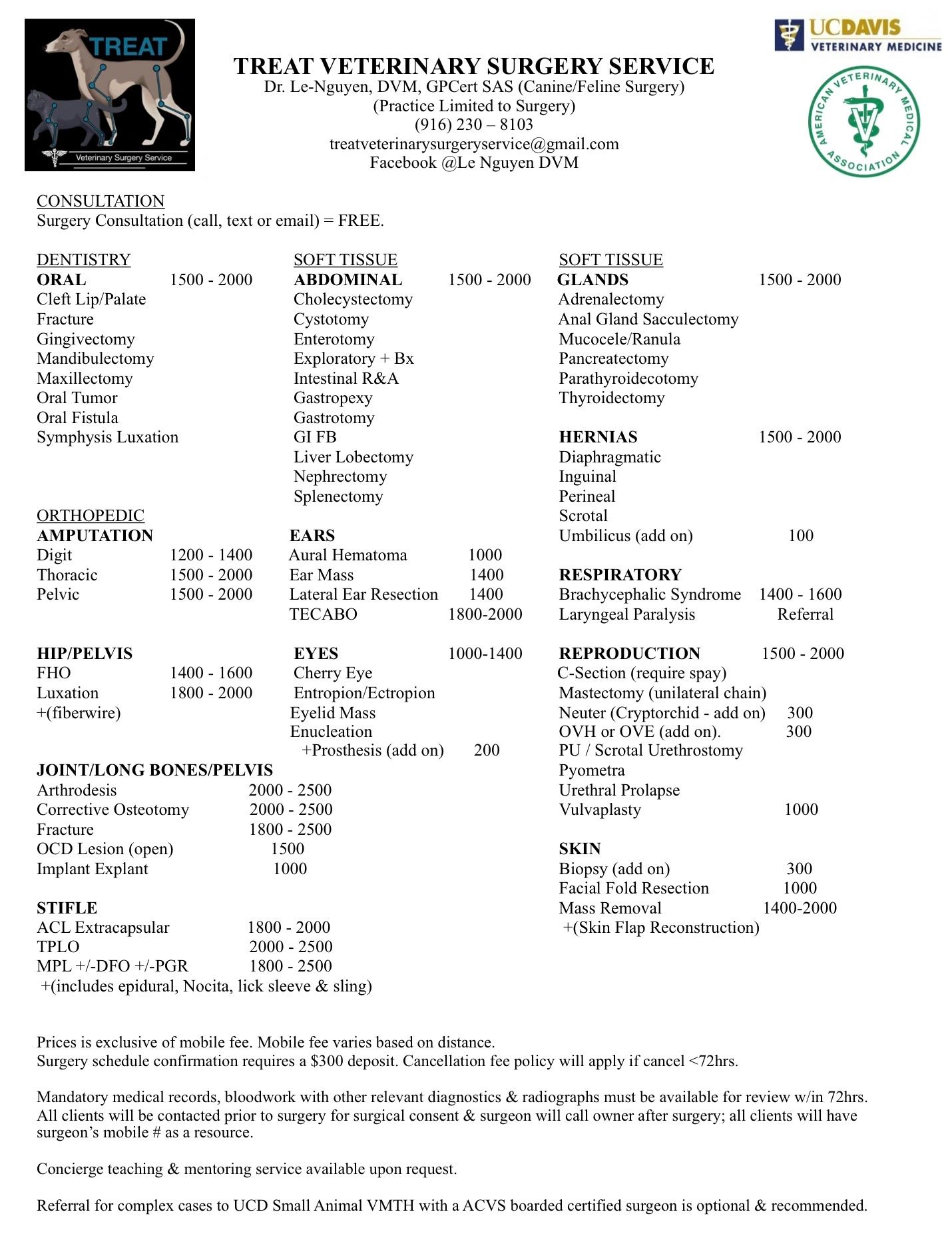 TREAT Veterinary Surgery Service price list and contact details.