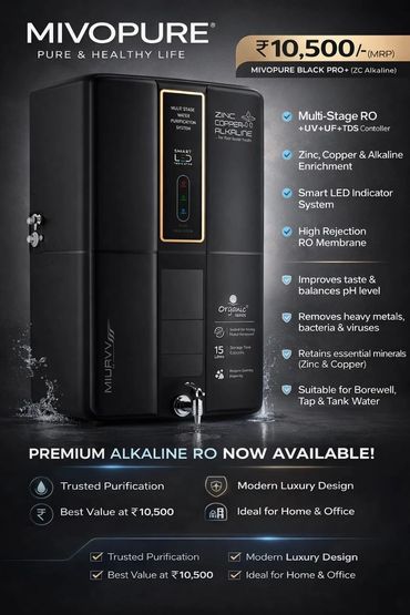 Mivopure Black Pro+ alkaline RO water purifier with multi-stage purification and smart LED indicator.