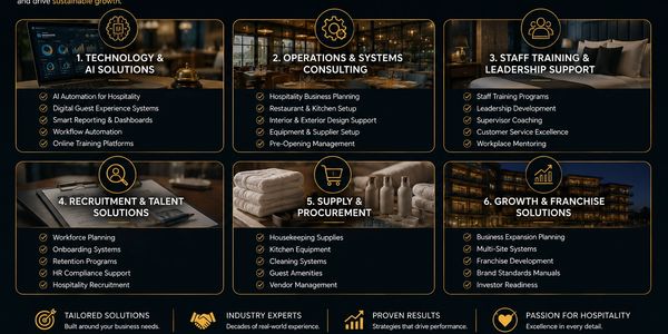 Key hospitality business solutions overview in six categories.