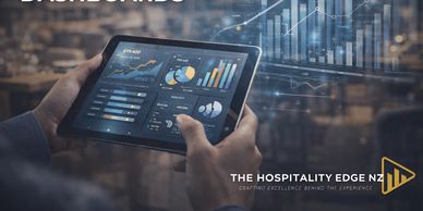 Person holding a tablet displaying data dashboard with charts.