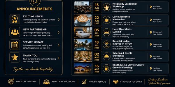 Upcoming hospitality workshops and announcements for New Zealand.