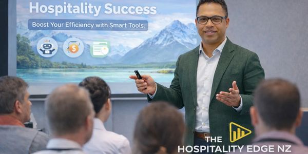 Speaker presenting AI automation for hospitality success to an audience.