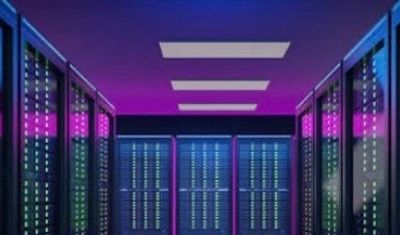 A futuristic data center with glowing server racks and purple lighting.