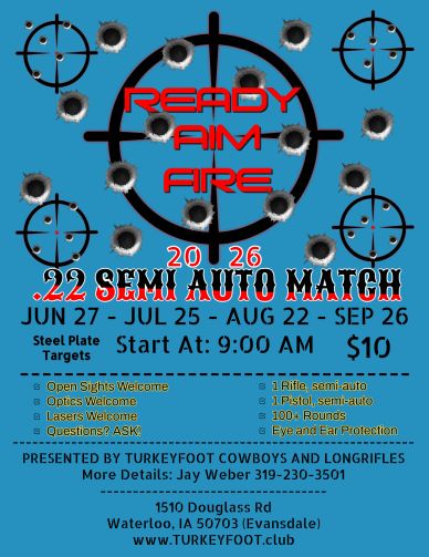 Blue event poster with bullet holes, announcing a .22 semi-auto match with dates and details.