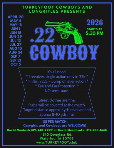 .22 Cowboy shooting events in 2026, starting at 5:30 PM.