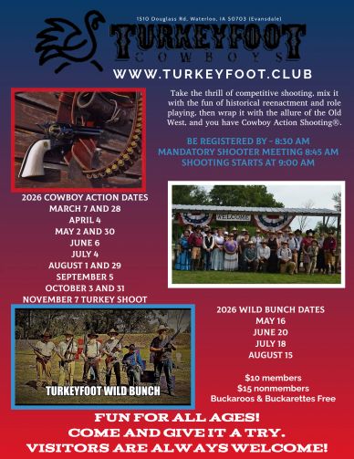 Flyer for Turkeyfoot Cowboys' 2026 shooting events with dates and membership details.