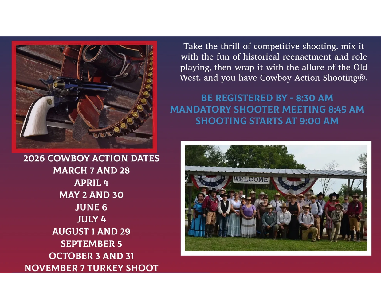 Cowboy Action Shooting event details with dates and group photo of participants.