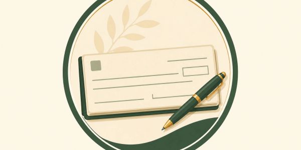 A checkbook and pen on a beige background.