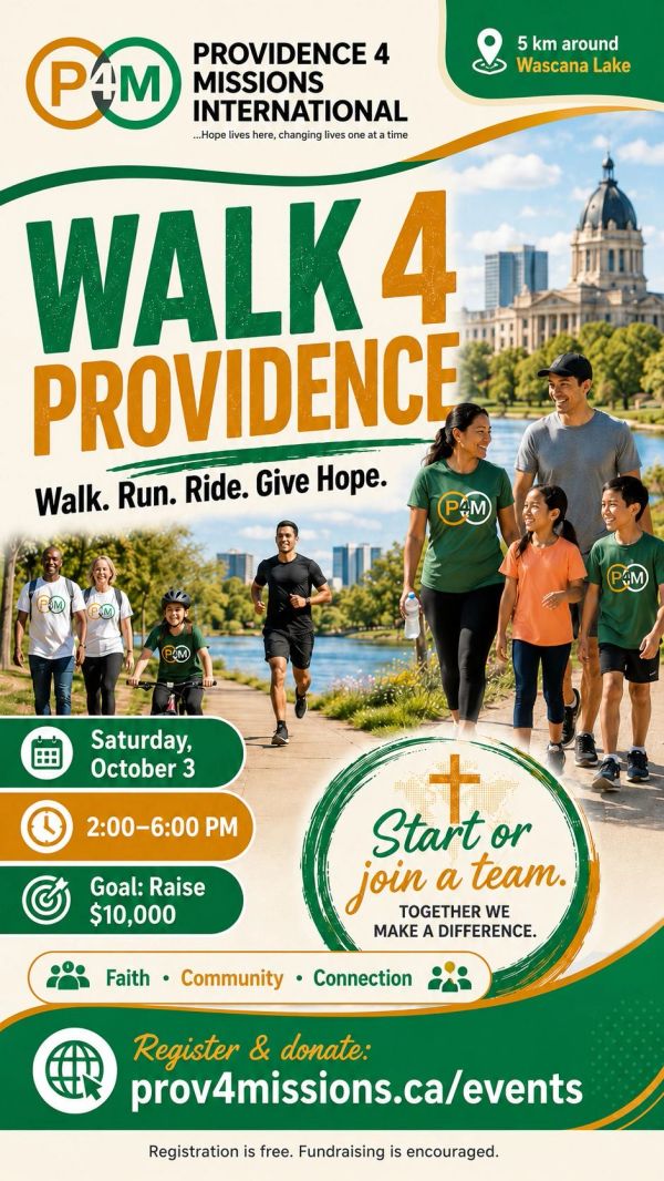Event poster for Walk 4 Providence charity walk at Wascana Lake.
