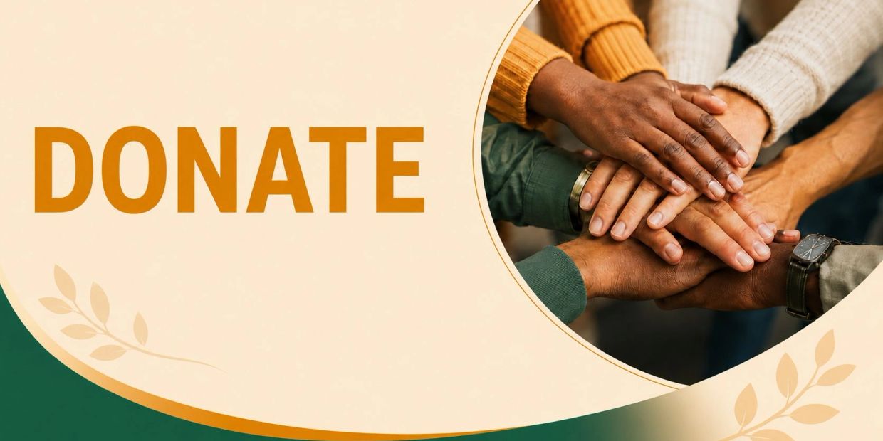 Hands stacked with the word DONATE.
