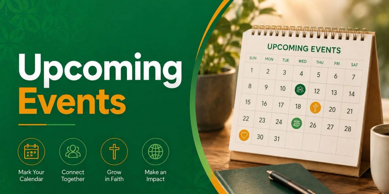 Upcoming events calendar with faith and community focus icons.