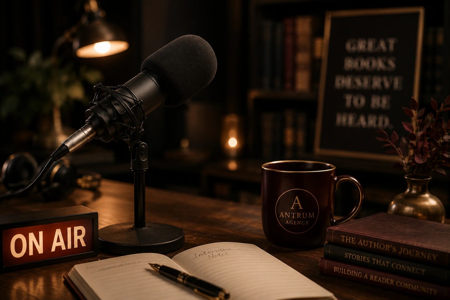 Cozy podcast setup with microphone, notes, and mug.