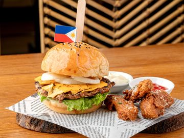 Home-made juicy Beef burger with potato wedges
