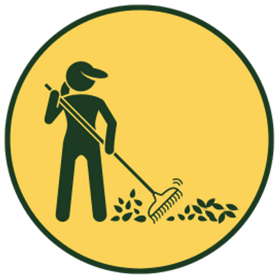 Clean Ups Logo with a character raking up leaves in a pile.