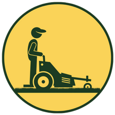 Lawn Mowing Service Logo, with a character riding a lawn mower.