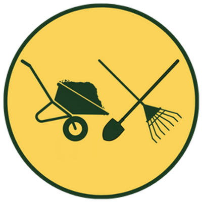 Mulching Service Logo with a wheel barrow filled with mulch and a shovel and rake making a cross.