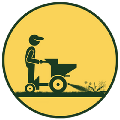 Weed Control Logo with a character riding a spraying machine.